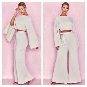 House Of CB Mckenzie Ribbed Wide Leg Utility Trousers M Oatmeal/Khaki/Natural